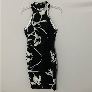 Chic Black and White Floral Halter Mini Dress